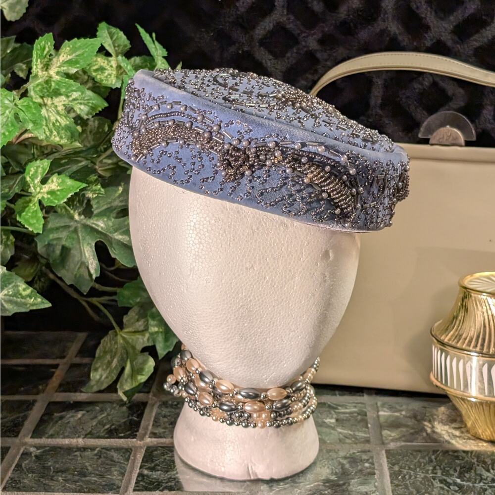 Mid Century Haute Couture Powder Blue Velvet Beaded Pillbox Hat Butterfly Lining
